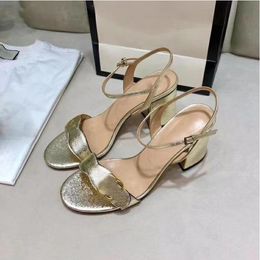 Designer Women Leather Mid Heel Sandal Double G luxury Metal Chain Fashion Summer Sandals Beach Bee Ankle Strap Heeled Slippe With 34-43