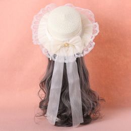 Hüte mit breiter Krempe, süßer Mädchen-Sommer-Strand-Lolita-Sonnenhut mit Schleife, gestricktes Stroh, weiche Kawaii-Flachkappe, Kopfbedeckung