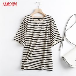 Tangada Women High Quality Striped Cotton T Shirt Short Sleeve O Neck Tees Ladies Casual Tee Street Wear Top 6D94 220321