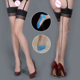 10D Hot Patchwork Sexy Stockings For Women Lingerie Retro Back Line Seam Cuban Heel Thigh High Medias Transparent Shine Stocking T220808