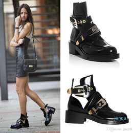 2022-Black Women Shoes Genuine Leather Ankle Motorcycle Boots Riding Gladiator Bootie Flats Cutout Square Heel Buckle Boot