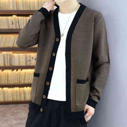 -2022 Men's Fall Color-Blocking Casual Cardigan Sweater Youth Single-Breasted Pinstripe Sweater L220730