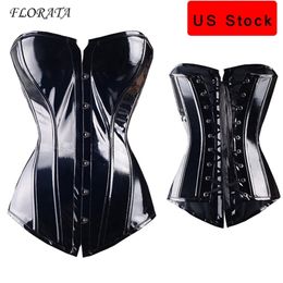 FLORATA Sexy women PVC Overbust Corset Steampunk Lingerie Top Goth Leather Waist Trainer 220617