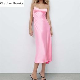 ZA Women Hollow Design Silk Satin Texture Midi Suspender Dress Summer Sexy Revealing Back Slit Slim Pink 220613