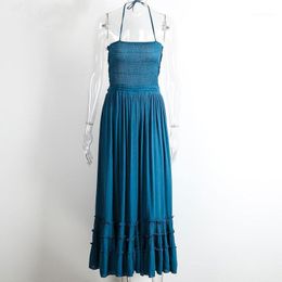 Casual Dresses PERHAPS U Blue Coral Red White Black Khaki Strap Sleeveless Backless Maxi Ruffle Halter Summer Beach Sexy Boho Dress D0218