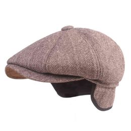 Berets Men Autumn Winter Hat Warm Male Ear Valve Cap Vintage Ivy Newsboy Flat Cap Older Man Father Hat With Ear flap Beret Cap J220722