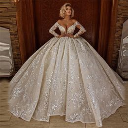 Princess Ball Gown Wedding Dresses Deep V Neck Long Sleeves Pearls Beads Shiny Sequins Appliques Lace Ruffles Floor Length Bridal Gowns Plus Size robes de soiree