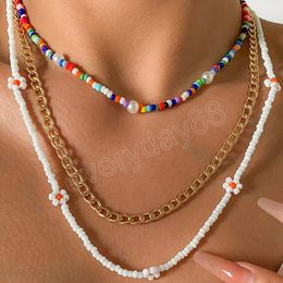 3Pcs/Set Bohemian Colorful Flower White Beaded Choker Necklace Female Y2K Multilayer Metal Chain Necklace Set Statement Jewelry