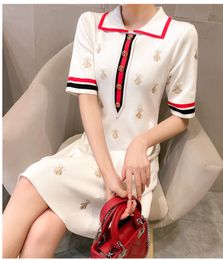 DF Spring Summer Bee Embroidered Polo Dress Woman Sweater Black Casual Knee-length Straight Dresses Female Knit Plus Size