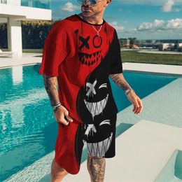 Summer Men Sets Oversized T-shirt Short Sleeve Beach Style Vintage Casual Evil Funny Face Print Men Tracksuit 2 Piece Outfit 220726