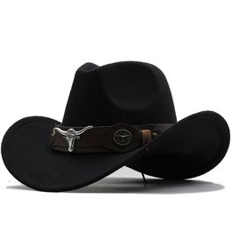 Wome Men Black Wool Chapeu Western Cowboy Hat Gentleman Jazz Sombrero Hombre Cap Dad Cowgirl Hats Size 5658cm 220813