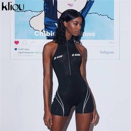 Kliou women fitness Playsuits sleeveless turtleneck zipper fly letter print patchwork bodysuit sporting skinny outfits T200113