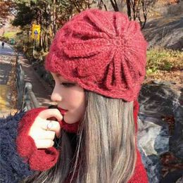 Women Girl Beanie Beret Hat Warm Wools Winter Hats Ethnic Style Handmade Knitted Cap Vintage Flat Solid Colour Winter Caps J220722
