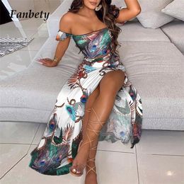 Summer Casaul Skirt Outfits Women Elegant Sexy Off Shoulder Tops And Split Long Dress Suits Fashion Floral Print Two Piece Sets 220704