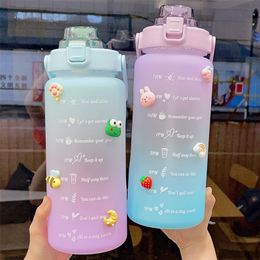 2000ml Kawaii Jumbo Bottle With Time Marker Straw Sticker Plastic Sport Travel Juice Water Jug Cute Portable Gym Drink 220329