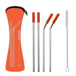 6Pcs/set Reusable Stainless Steel Straight Bent Drinking Straws with Silicone Tips for Hot Cold Beverage Drink Bar Tools Wholesale B0504