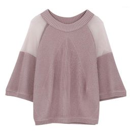 Women Summer Sweet Tulle Patchwork Knitted Blouse Off The Shoulder Shirt Elegant Round Collar Short Pullover Top 2022 Women's Blouses & Shir