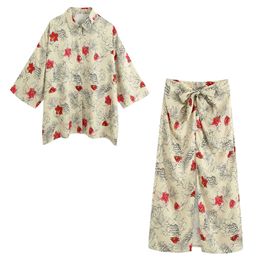 2020 New Summer Women Two Piece Set Oversized Printed Blouse Short Sleeves Shirt & High waist Knotted Midi Skirt LJ201117