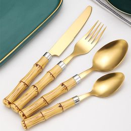 Dinnerware Sets Bamboo Handle Tableware Set Steak Knives Forks Spoons Cutlery Gold Stainless Steel Flatware Upscale FlatwareDinnerwareDinner