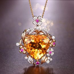 Pendant Necklaces Luxury 20 20mm Yellow Crystal Heart Gemstone For Women Choker 18K Gold Chain Jewelry Bijoux Bague GiftsPendantPendant