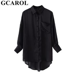 GCAROL Women Black Asymmetric Long Blouse 30% Cotton Casual High Street Oversized Girlsbottoming Shirt Chic Tops 210326