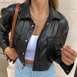 Women Crop Tops Leather Jacket Solid Colour Black/White Long Sleeve Button Open Front Lapel Coat with Pockets Streetwear L220801