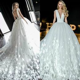 Olivia Bottega 2022 Wedding Dresses V Neck Cap Sleeve Romantic Butterfly Appliques Tulle Bridal Gowns With Sheer Buttons Back Wedding Dress