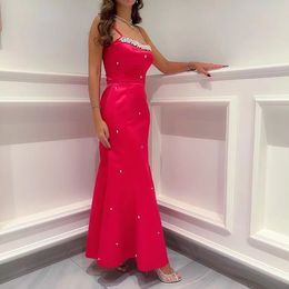 Pink Sexy Mermaid Prom Dress Satin Beaded Craystal Evening Dresses For Women Graduation Party Gown Vestidos De Gala