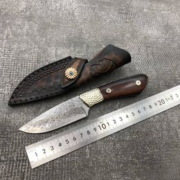 Damascus Straight Fixed Knife Handmade High hardness With Leather Sheath Camping Outdoor Hunting Cutter Utility EDC self defense tool Pocket Knives