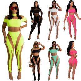 2022 Fall Womens Plus Size Jumpsuits Designer Rompers Sexy Mesh Long Sleeve Splicing Sheer Pants See Through Leggings