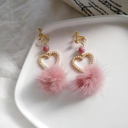 Clip-on & Screw Back Korean Style Pink Ball Clip On Earrings Temperament Long Love Heart Shape Hair No Piercing 2022Clip-on Clip-onClip-on