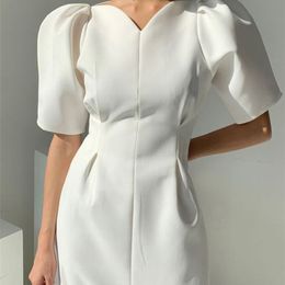 Elegant Women Short Puff Sleeve Summer Dress Korea Style Office Lady Slim Waist Female Fashion Clothes Vestdios 220511