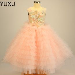 Pageant Dresses For Girls sequined tutu ball gown Flower Girl Dresses White Ivory Champagne Kids Ball Gowns Wedding Dress Sash Beading