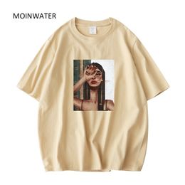 MOINWATER Abstract Print T-shirts for Women Khaki Green Cotton Short Sleeve Summer Tops Lady Oversized Tees MT21039 220408
