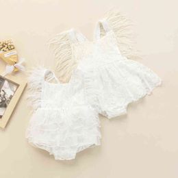 backless white lace feather dress UK - Baby Girls Lace Romper Dress Sweet Baby Feathers Sleeveless Backless White Jumpsuit Summer Romper Clothes J220525
