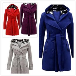 Women Woolen Coats Warm Long Sleeve Hooded Outwear Jacket Ladies Autumn Winter Belt Double Breasted Elegant Long Overcoat LJ201109