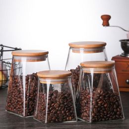 Storage Bottles & Jars Wood Lid Glass Airtight Canister Bottle Coffee Tank Tea Jar Sugar Organizer Container Kitchen Square