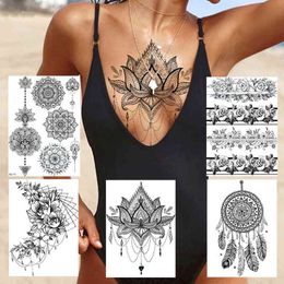 NXY Temporary Tattoo Sexy Lace Lotus Pendants s for Women Blach Henna Sticker Water Transfer Fake Jewellery Bracelet Tatoo Paste 0330