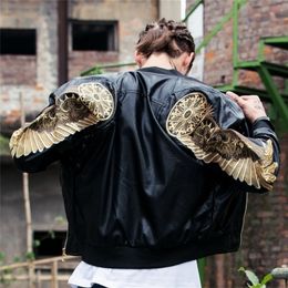 Autumn Winter Classic Brand Men Bomber Leather Jackets Red Black PU Outwear Gold Wings Embroidery Punk Motorcycle Slim Coat 201126