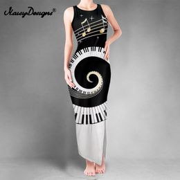 Noisydesigns High 2 Split Long Dress Sexy Women O Neck Bodycon Summer Holiday Beach White Music Note Print Swimwear Robe Formal 220627