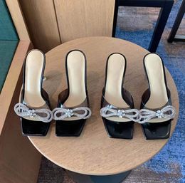 2022newest square head ultra-high-heeled slippers PVC transparent Rhinestone bow 90mm thin heel women's slippers luxury designer high-heeled sandals