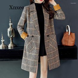 Women's Wool & Blends Autumn Winter Coat Women Plaid Pockets Vintage Warm Long Sleeve Button Woollen Casual Jackets Elegant Overcoat Bery22