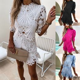 Spring Summer 2022 Women Tracksuits New Fashion Lace Suit Casual Loose Hollow Out Zipper Two Piece Set Women Oufits Female Ladies