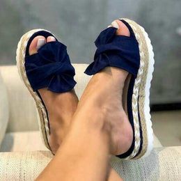 Platform Slipper Slides Summer Bow Summer Sandals Slipper Indoor Outdoor Linen Flipflops Beach Female Wedge Shoes Y200624