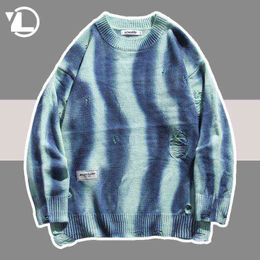 Hot sale Hip Hop Mens Knitted Jumper Sweaters Hole Striped Tie Dye Streetwear Harajuku Autumn 2023 Casual Knitwear Pullovers Tops Unisex
