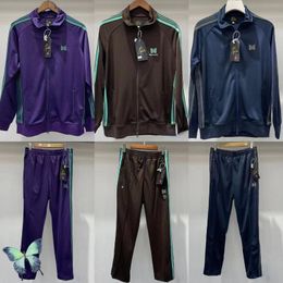 Men's Jackets Autumn Winter Needles Sweatpants Casual Butterfly Embroidery AWGE Webbing Striped Zip Jacket SetMen's