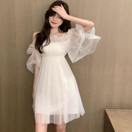 women dresses formal UK - Casual Dresses White Dress For Women Lace Vintage A-line Solid Mid-calf Fashion Korea Clothes Formal Party Sexy 2022Casual