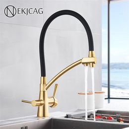 Brass Gold Kitchen Pure water Faucet Pull Down Brushed nickelBlack filter purification Crane Faucets Hot Cold Mixer Taps T200423