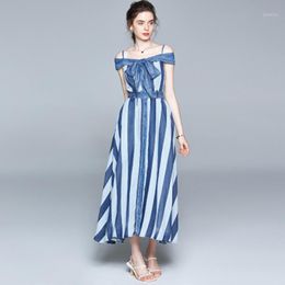 Designer Summer Elegant Women Stripe Denim Dress High Quality Long Vintage Party Robe Femme Bow Casual Vestidos Dresses