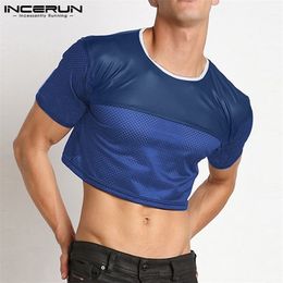 Fashion Crop Tops Patchwork See Through Sexy Short Sleeve T Shirts Streetwear Party Niglub Men Clothing INCERUN 5XL 220610